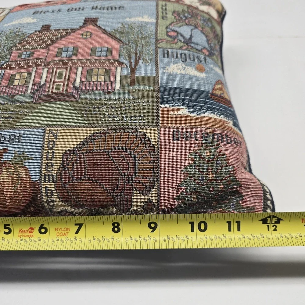 Vintage 90s Tapestry Bless Our Home Twelve Month Calendar Throw Pillow Navy Back